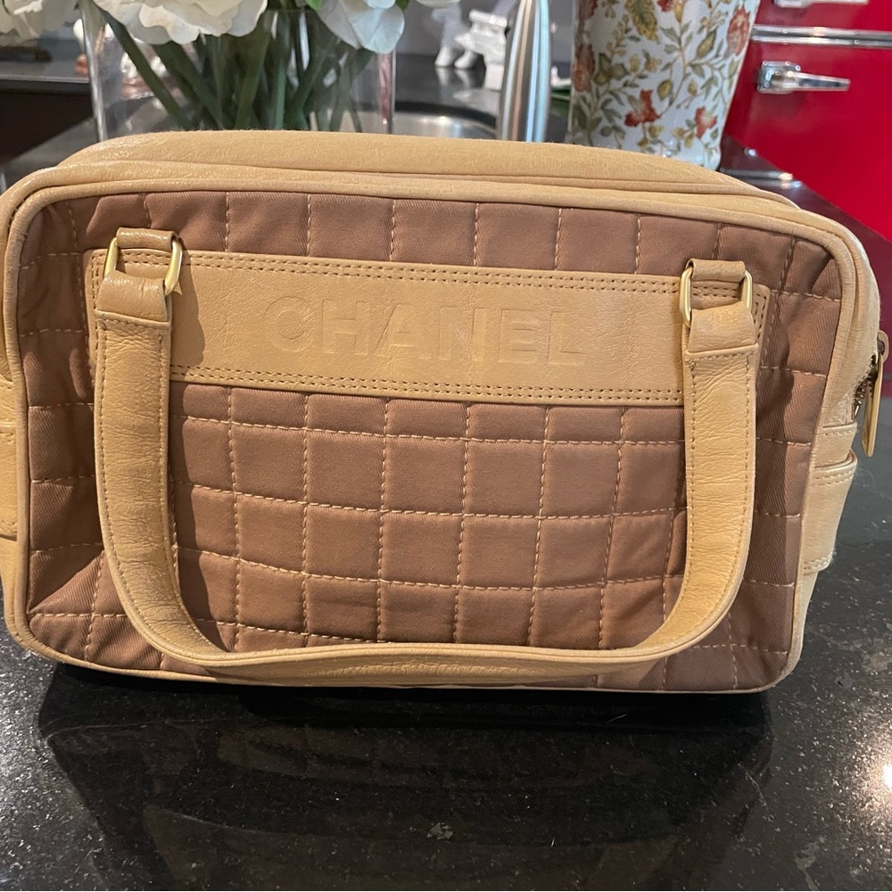 Authentic Chanel Quilted Brown and Cream Shoulder Bag